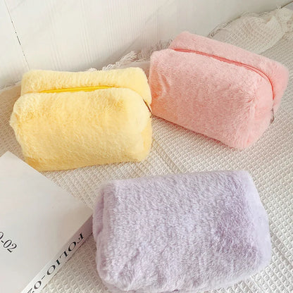 Solid Fur Cosmetic Storage Bag – Large Women’s Zipper Makeup Organizer Handbag, Stationery & Travel Toiletry Case