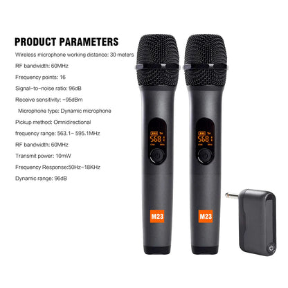 M23 UHF 2-Channel Wireless Microphone System – Rechargeable Cordless Handheld Mic for Karaoke, Church, Party, DJ