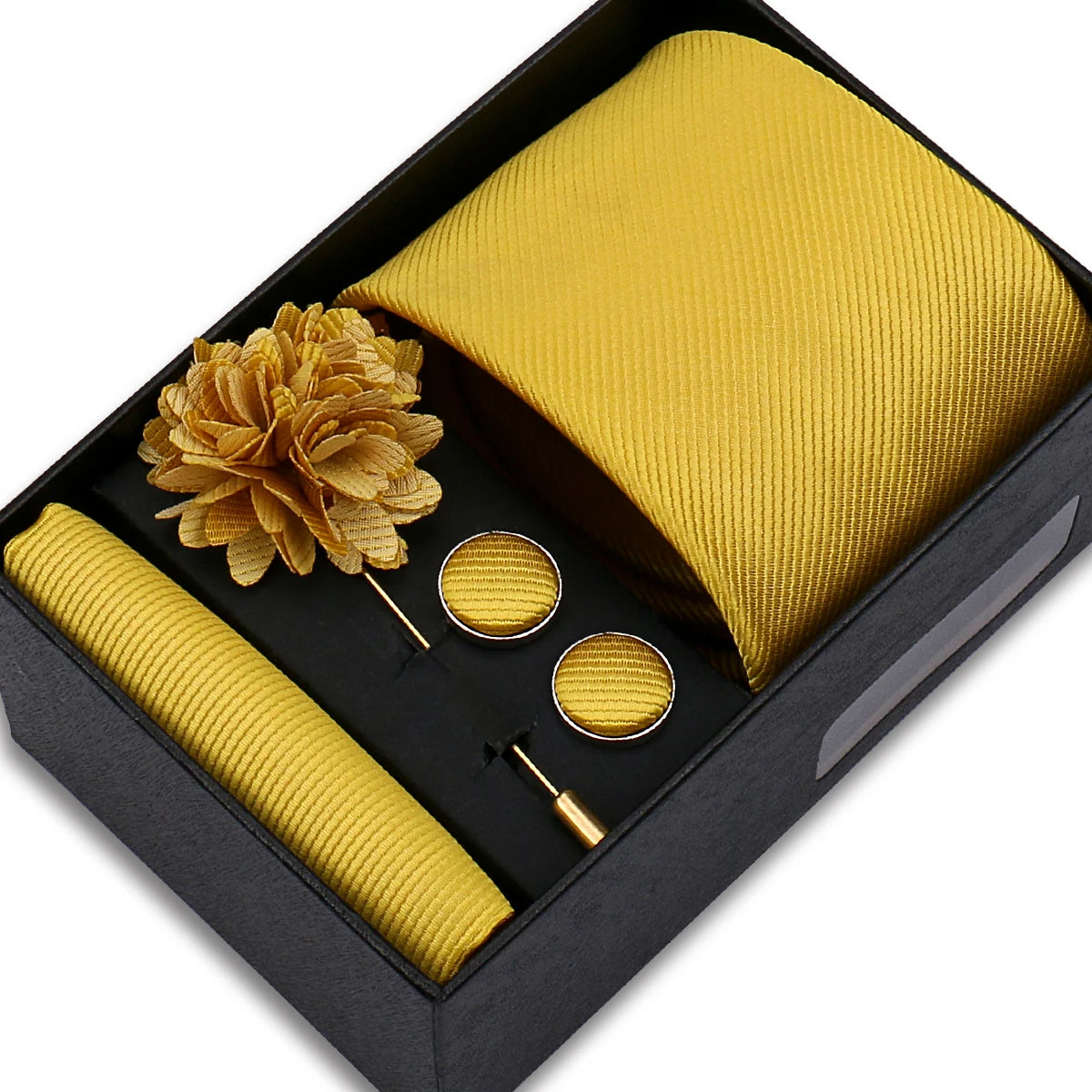 Men's Solid Color Tie Set - Jacquard Necktie, Hanky, Cufflinks & Brooch Gift Box for Weddings