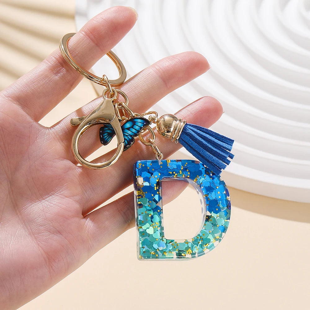 Royal Blue Butterfly Initial Keychain - Alloy Alphabet Letter & Tassel Backpack Charm