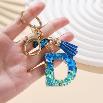 Royal Blue Butterfly Initial Keychain - Alloy Alphabet Letter & Tassel Backpack Charm