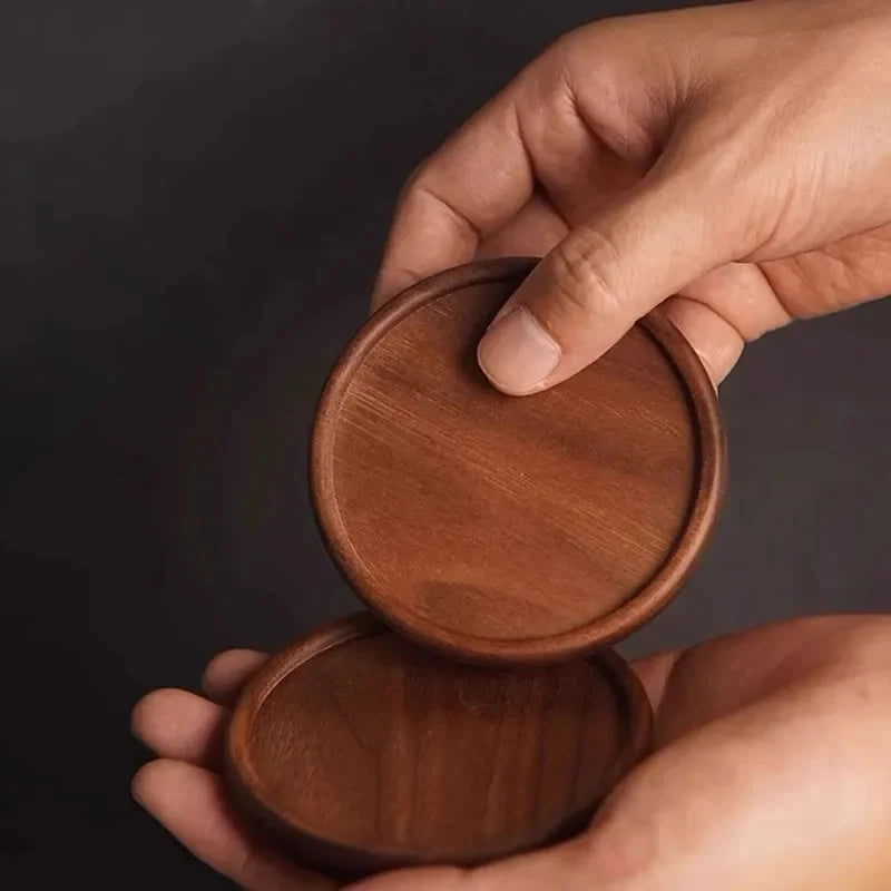 Solid Walnut & Beech Wood Coaster — Durable Heat-Resistant Round & Square Cup Mat, 8.8cm Tea & Coffee Placemat