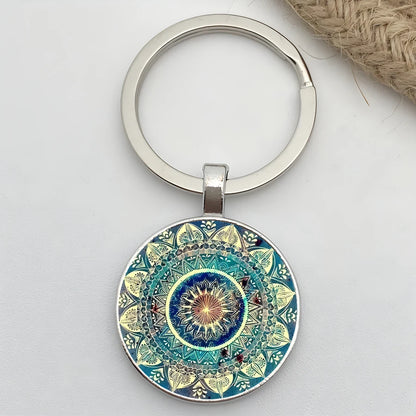 Retro Mandala Flower Yoga Keychain – Buddhist Chakra Glass Car Keyring for Men & Women Spiritual Jewelry Gift Accessory