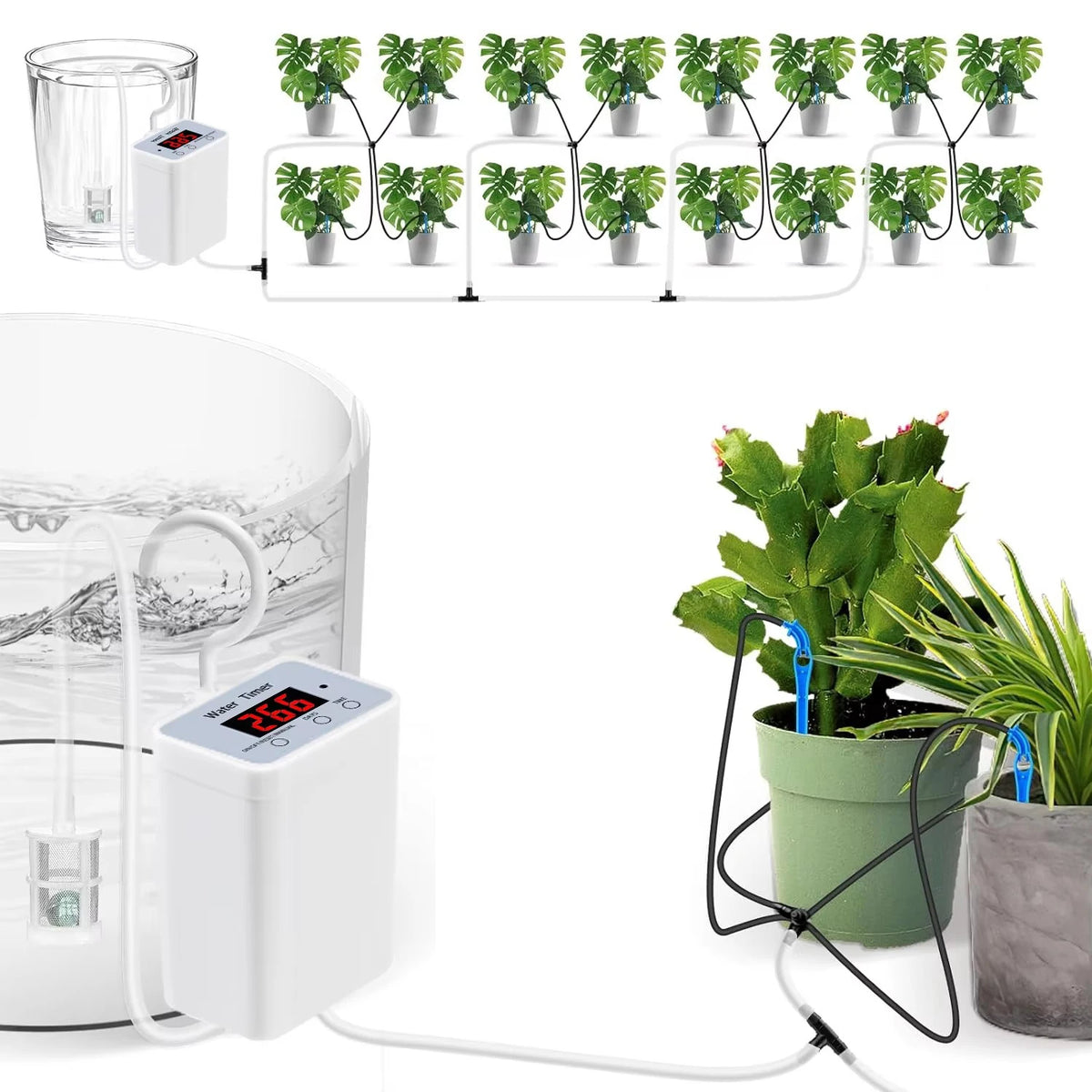 Automatic Plant Watering Pump Kit - 16-Outlet Timer Drip Irrigation System for Home, Garden & Flower Plants