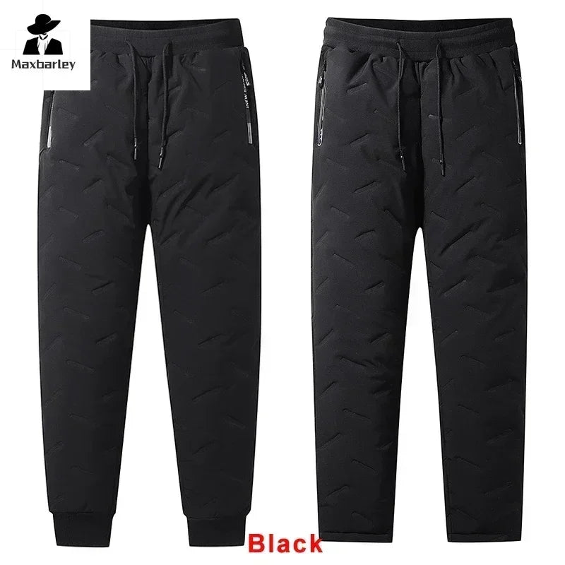 Men’s Winter Down Cotton Pants — Waterproof Thickened Wool Jogger with Zipper Pockets, Warm Outdoor Ski Pants, 7XL
