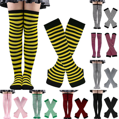 Women & Girls Over Knee Long Stripe Printed Thigh High Cotton Socks – Cute Plus Size Arm Sleeve Gloves & Overknee Socks
