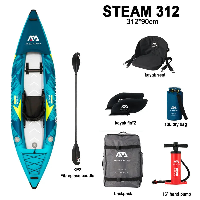 AQUA MARINA STEAM Inflatable Sport Kayak – 1-2 Person PVC Canoe Dinghy Raft with Pump, Seat & Drop Stitch Floor