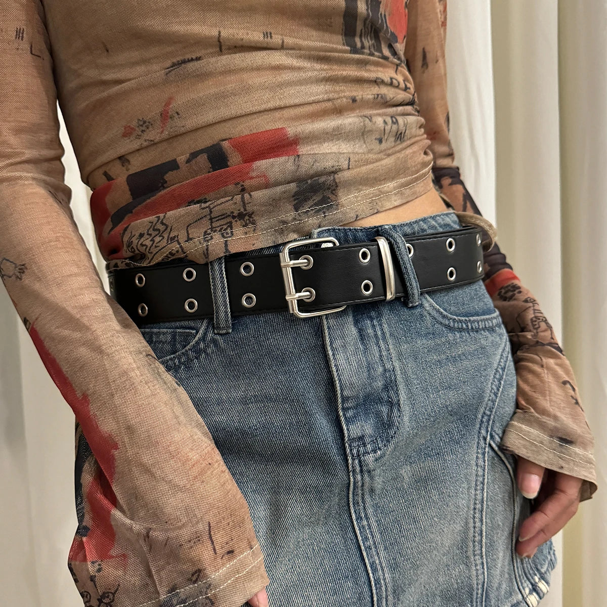 Women's Y2K Double-Hole Punk Belt - Adjustable Unisex Hip Hop Rock Style Punch-Free Waist Belt