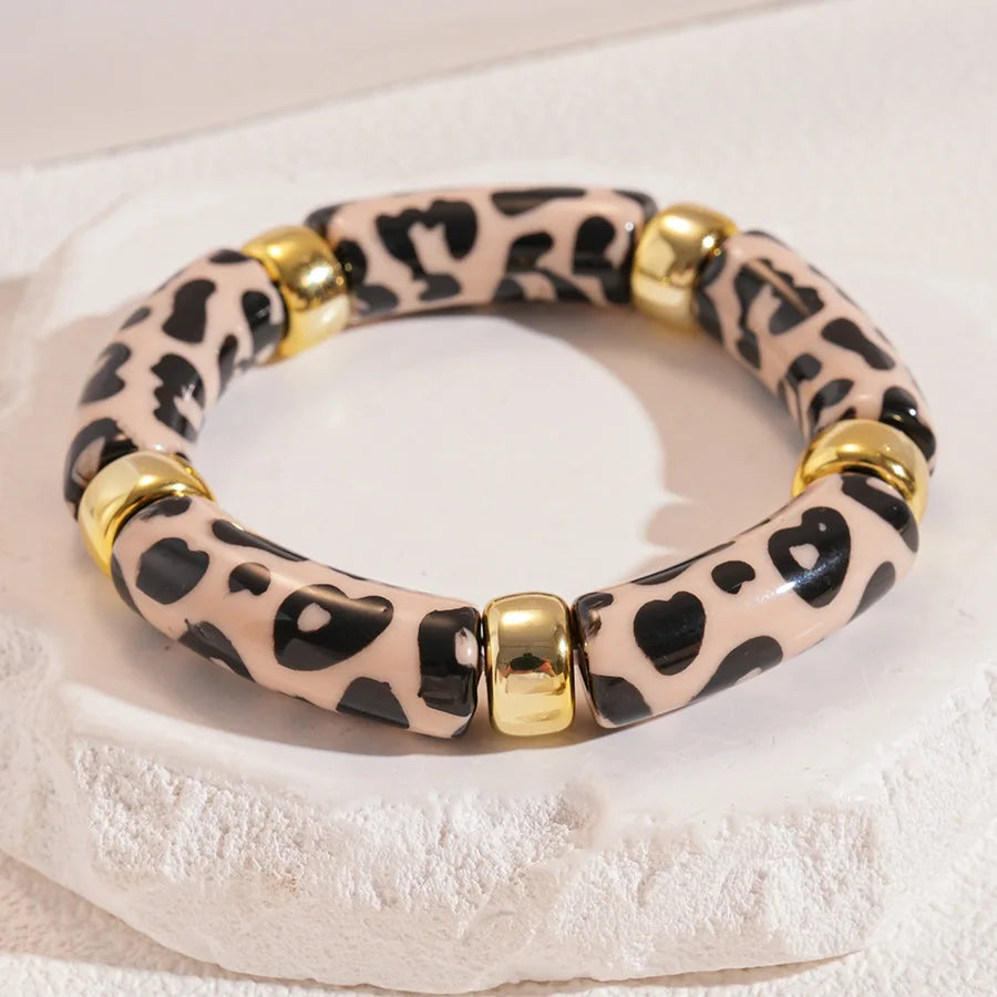 Leopard Print Bamboo Tube Acrylic Bracelets - Retro Stretch Beaded Bangles for Women & Men, Stackable Jewelry Gift