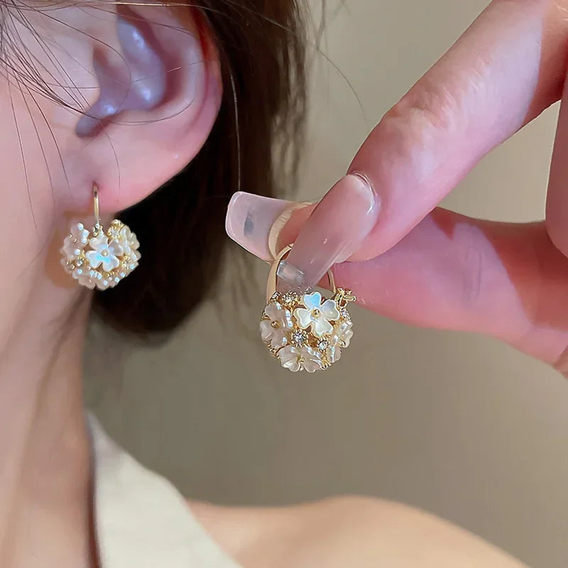 Korean Vintage Pearl & Crystal Earrings for Women — Luxury Zircon Flower, Butterfly & Leaf Stud Jewelry