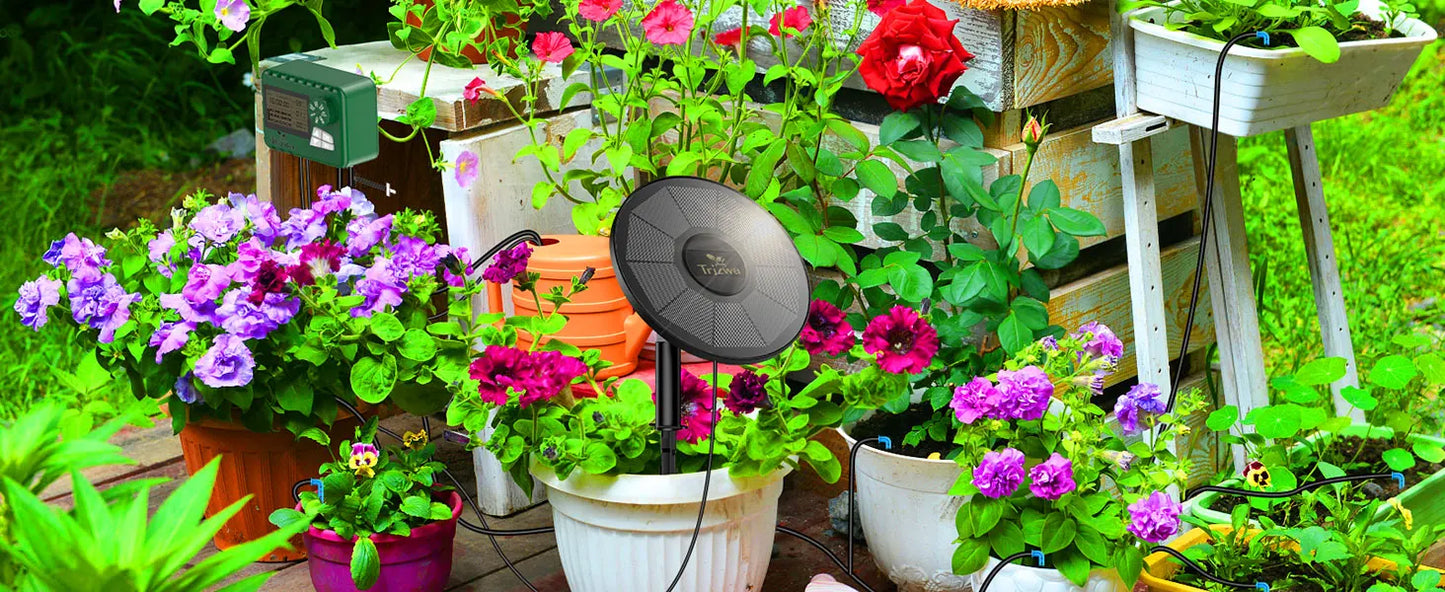 Solar Drip Irrigation System Kit – Automatic DIY Garden Watering Timer with Display Screen for Plants & Travel Use