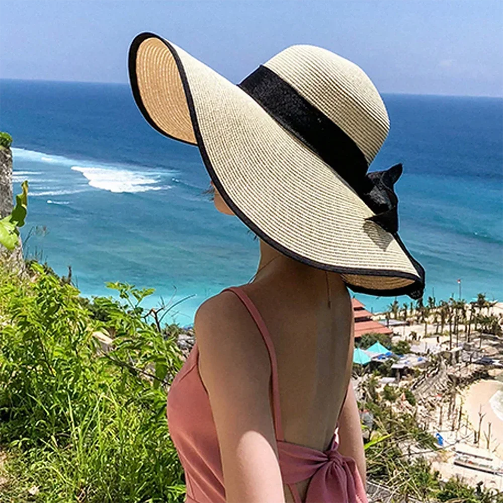 Women's Bow Straw Beach Hat - Oversized Wide Brim Summer Sun Protection Hat