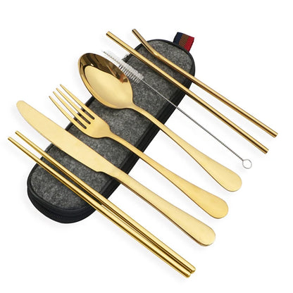 8-Piece Reusable Travel Cutlery Set — Stainless Steel Spoon, Fork, Chopsticks & Straw with Portable Case