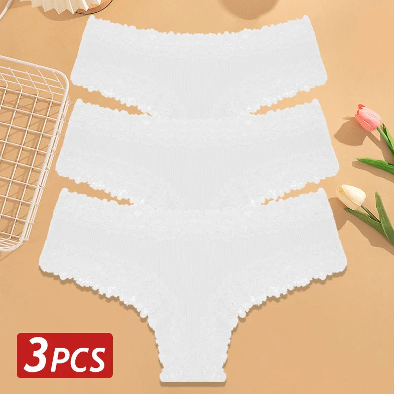 3PCS Women’s Cotton Lace Panties Set - Low Waist Brazilian Bikini Underwear Soft Floral Lingerie T-Back Style