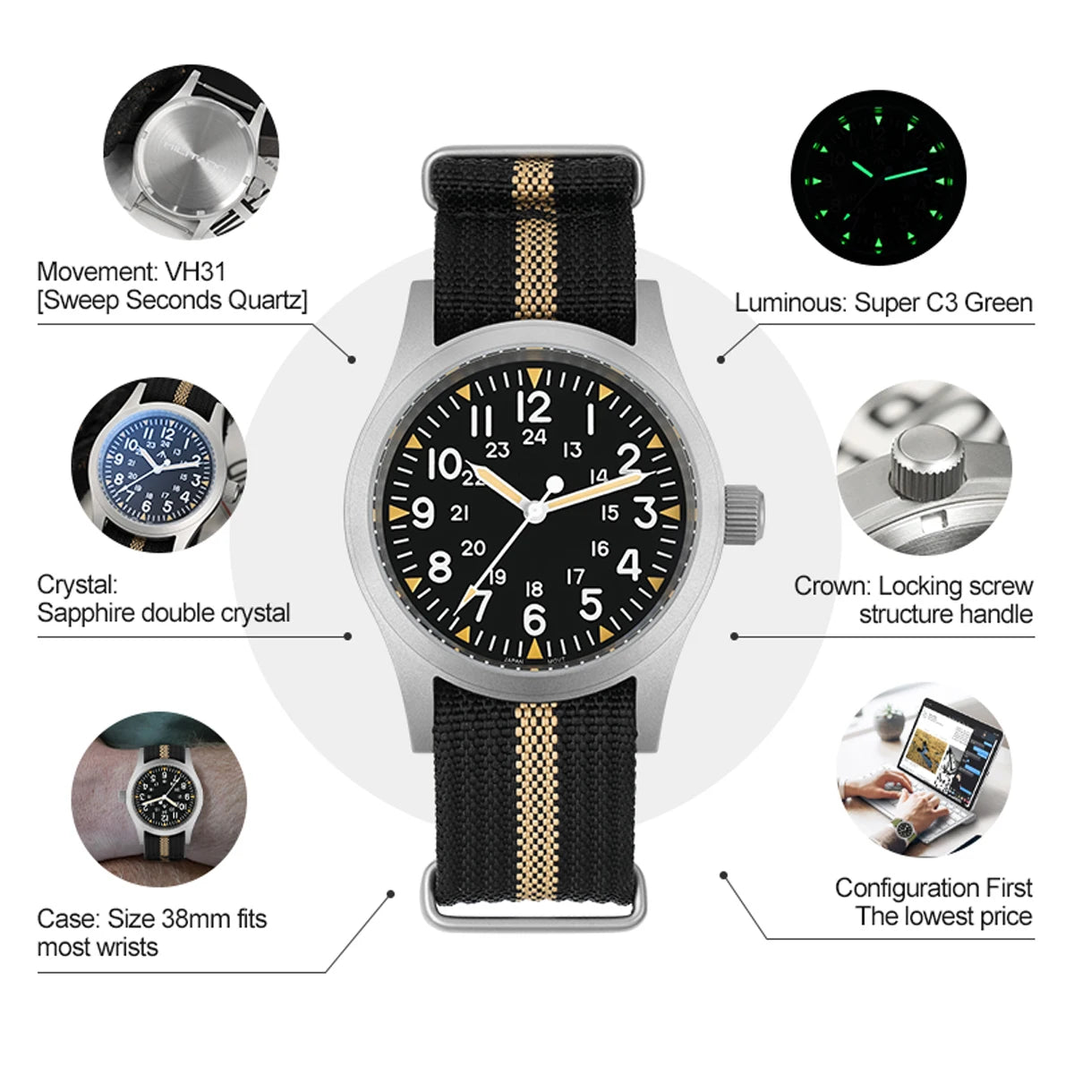Militado ML05 Vintage Quartz Watch 38mm with VH31 Movement, Domed Sapphire Crystal, AR Coating & Luminous Dial
