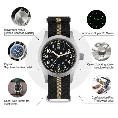 Militado ML05 Vintage Quartz Watch 38mm with VH31 Movement, Domed Sapphire Crystal, AR Coating & Luminous Dial