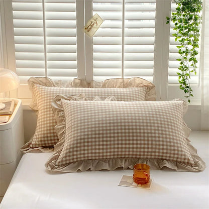 2 Pack 48x74cm Plaid Washed Cotton Pillowcases – Super Soft Ruffled Bedding Covers for Home & Dorm Decor