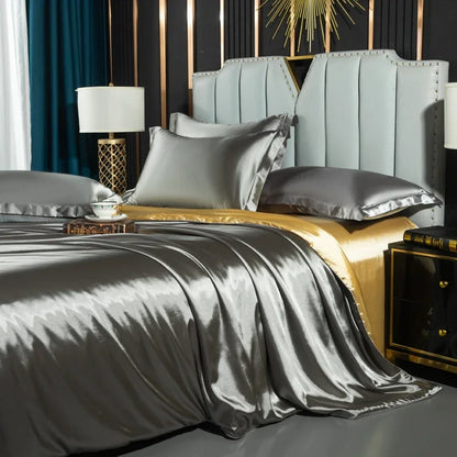 Nordic Silk Bedding Set With Duvet Cover - Luxury Solid Color Bed Sheet & Pillowcase Set For Single Double Couple Summer Bed Linen