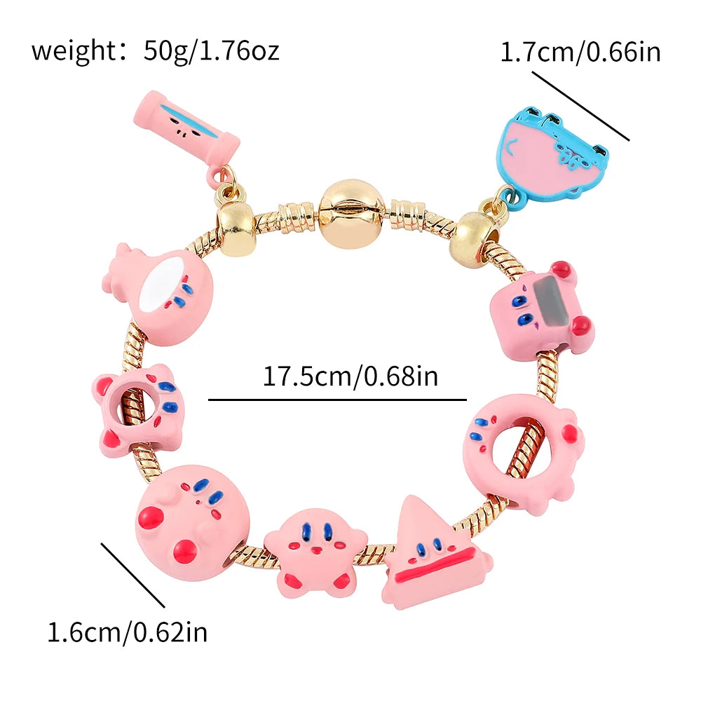Pink Kirby Gold-Plated Charm Bangle Bracelet - Kawaii Anime Enamel Jewelry Accessory for Fans