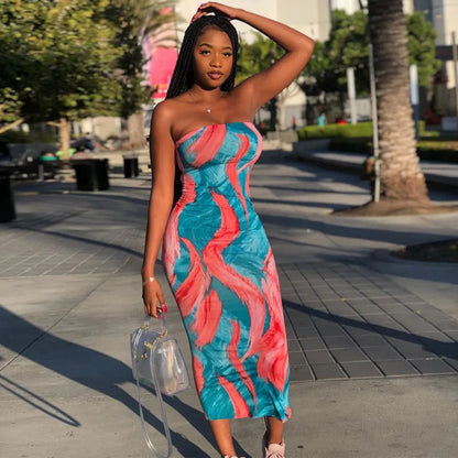 Women’s Off Shoulder Printed Maxi Dress - Slim Fit Bandage Chest Wrap Summer Party Dress