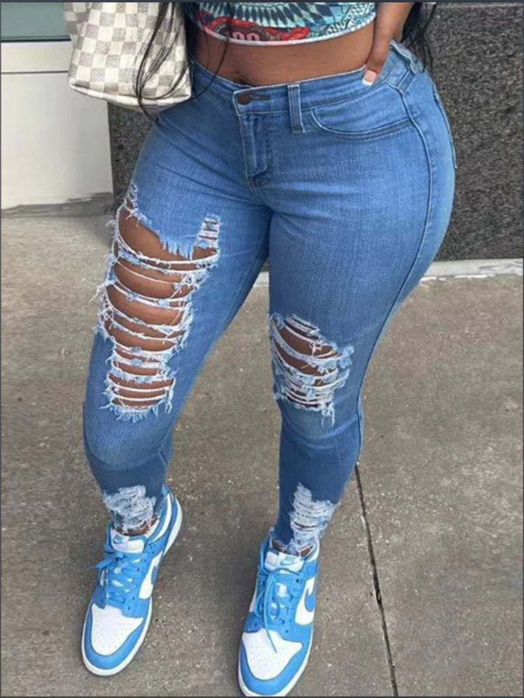 Women’s Ripped Pocket Jeans - High Street Casual Solid Color Fashion Denim Pants for Autumn Style