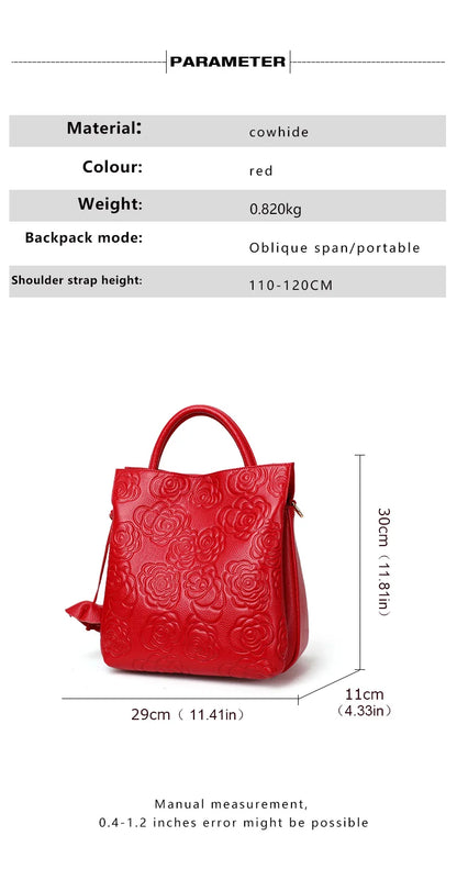 Classic Embossed Women’s Leather Bag — Large Capacity Top Cowhide Crossbody Purse