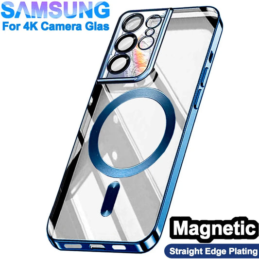 MagSafe Magnetic Plated Phone Case - 4K Glass Full Camera Protection Cover for Samsung Galaxy S24 Ultra S23 FE S22 Plus S21 Series