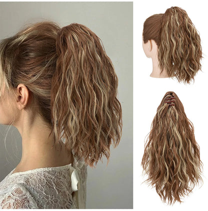 13-Inch Premium Synthetic Curly Claw Clip Ponytail – Blonde Brown Short Hairpiece, Fake Hair Extensions P064