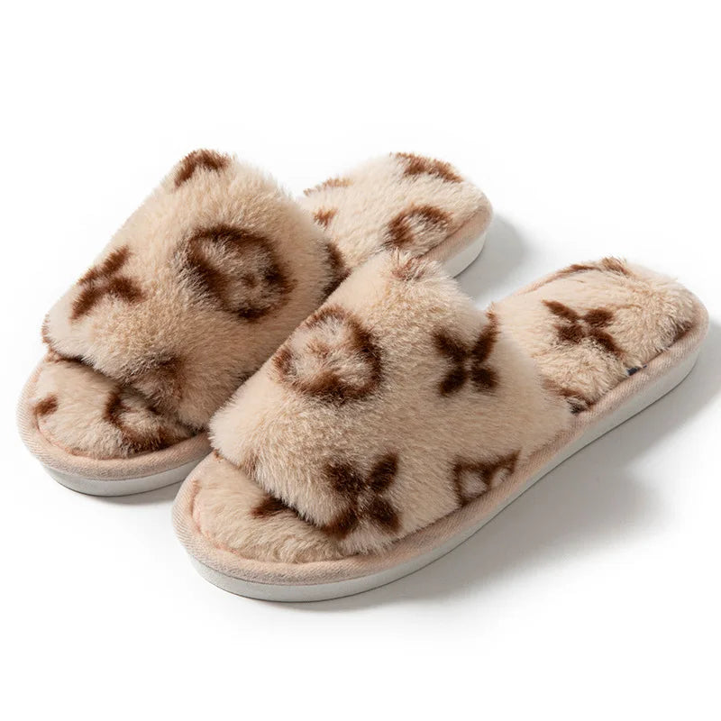 Fuzzy Fur Women’s Slippers — Indoor Autumn/Winter Luxury Plush Flats, Fluffy Casual Slides, Elegant Home Shoes