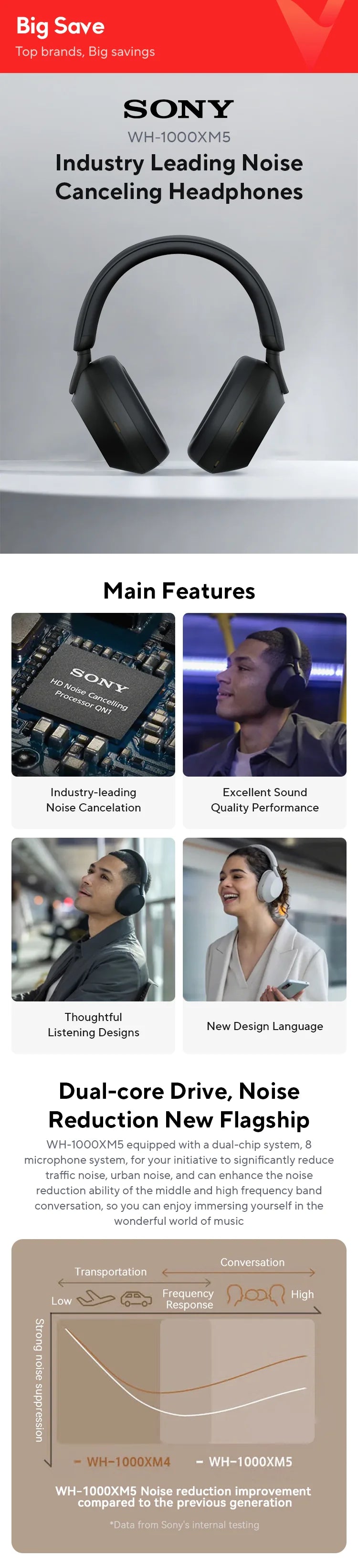 Sony WH-1000XM5 Wireless Noise-Canceling Headphones – Foldable Bluetooth Earphones with Bass Stereo Sound for Gaming, Business & Exercise