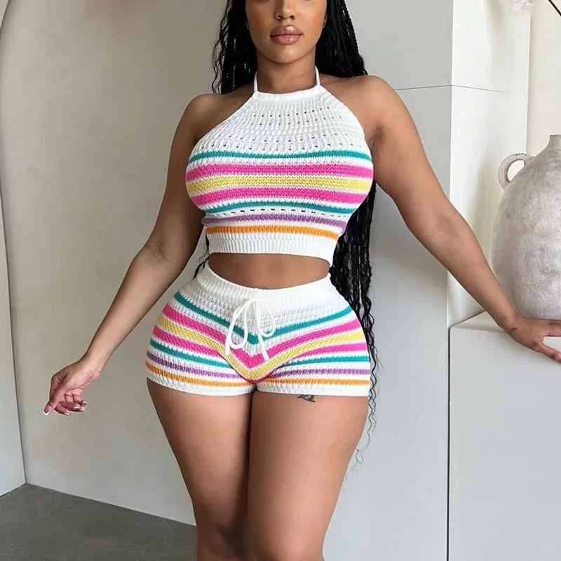 Women’s Rainbow Striped Knit 2-Piece Set – Halter Lace-Up Backless Top & Slim Fit Shorts Casual Outfit