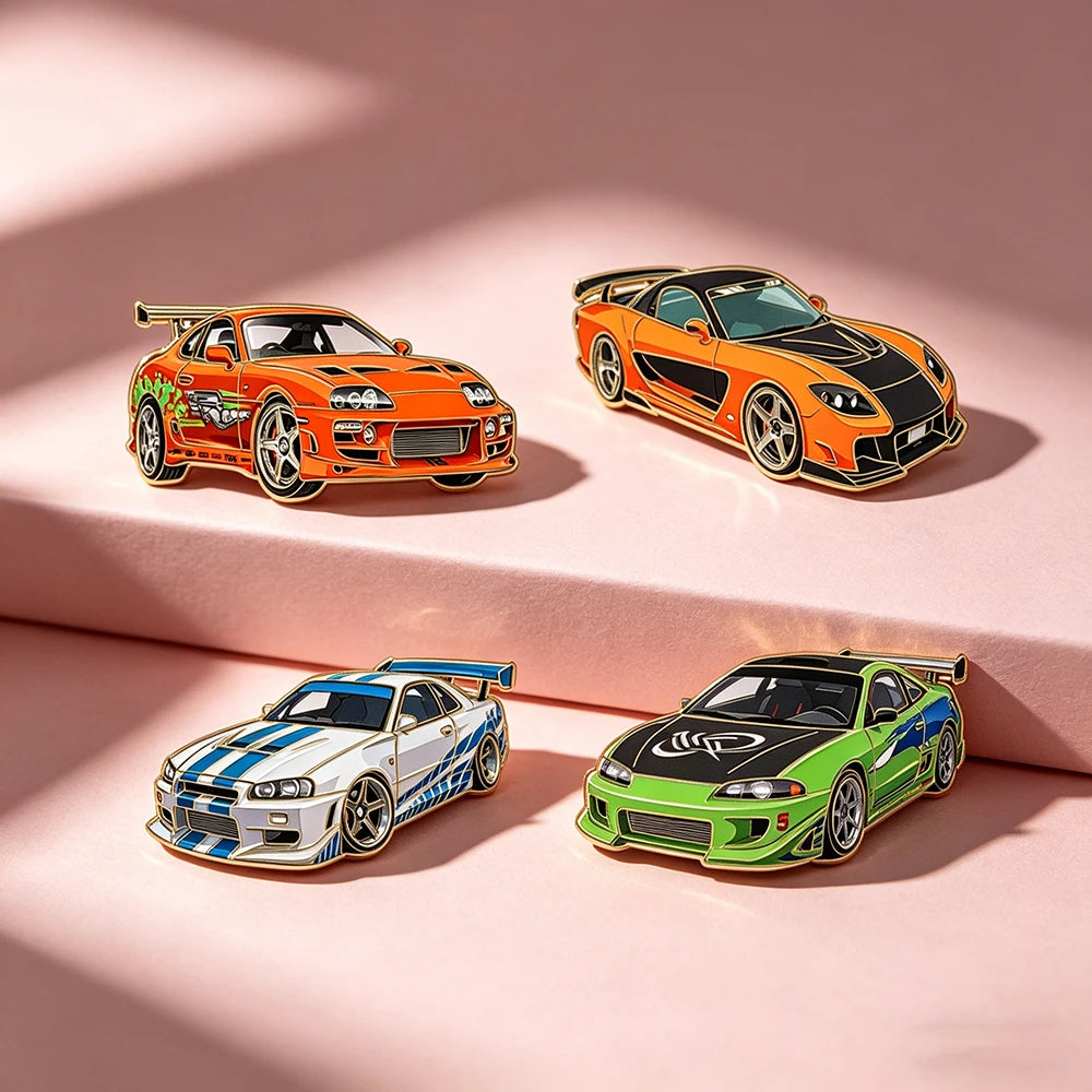 Sports Car Enamel Pins 4-Piece Set - Cartoon Lapel Brooches for Backpacks, Clothing and Fashion Accessories