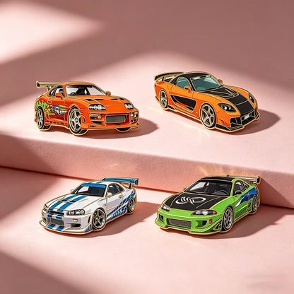 Sports Car Enamel Pins 4-Piece Set - Cartoon Lapel Brooches for Backpacks, Clothing and Fashion Accessories