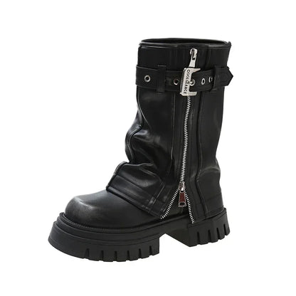 2023 New Women's Mid-Calf Boots – Fashion Belt Buckle, Side Zipper, Round Toe, High Quality
