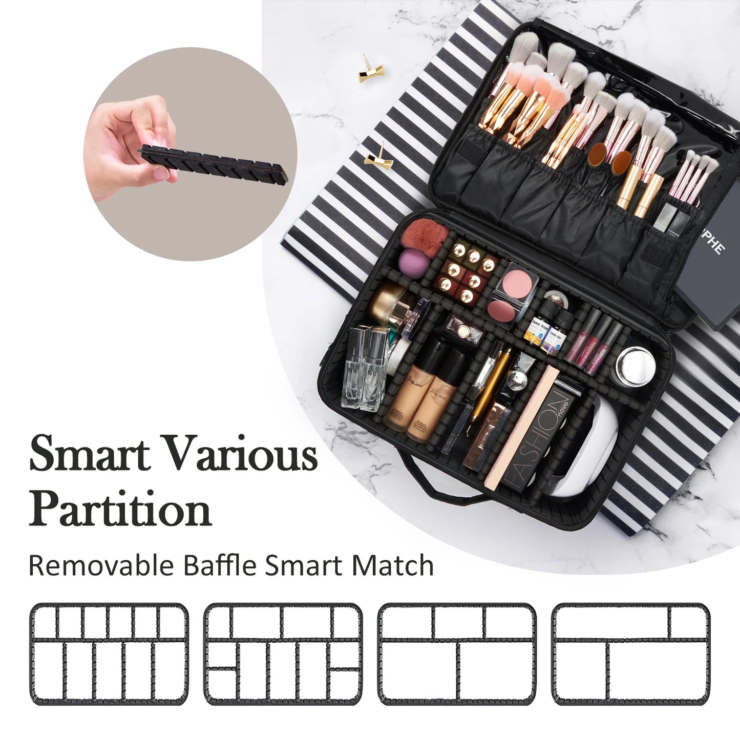 Professional Makeup Bag — Extra-Large Cosmetic Train Case with Brush Organizer, Storage Compartments & Dividers for Artists