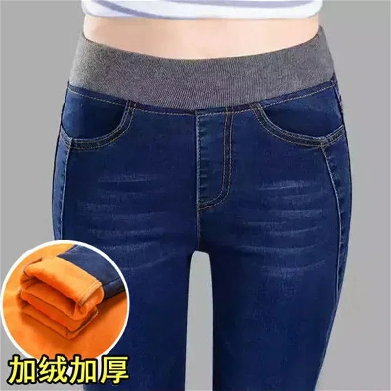 Women's Winter Velvet Stretch Jeans - High Waist Warm Skinny Mom Denim Trousers