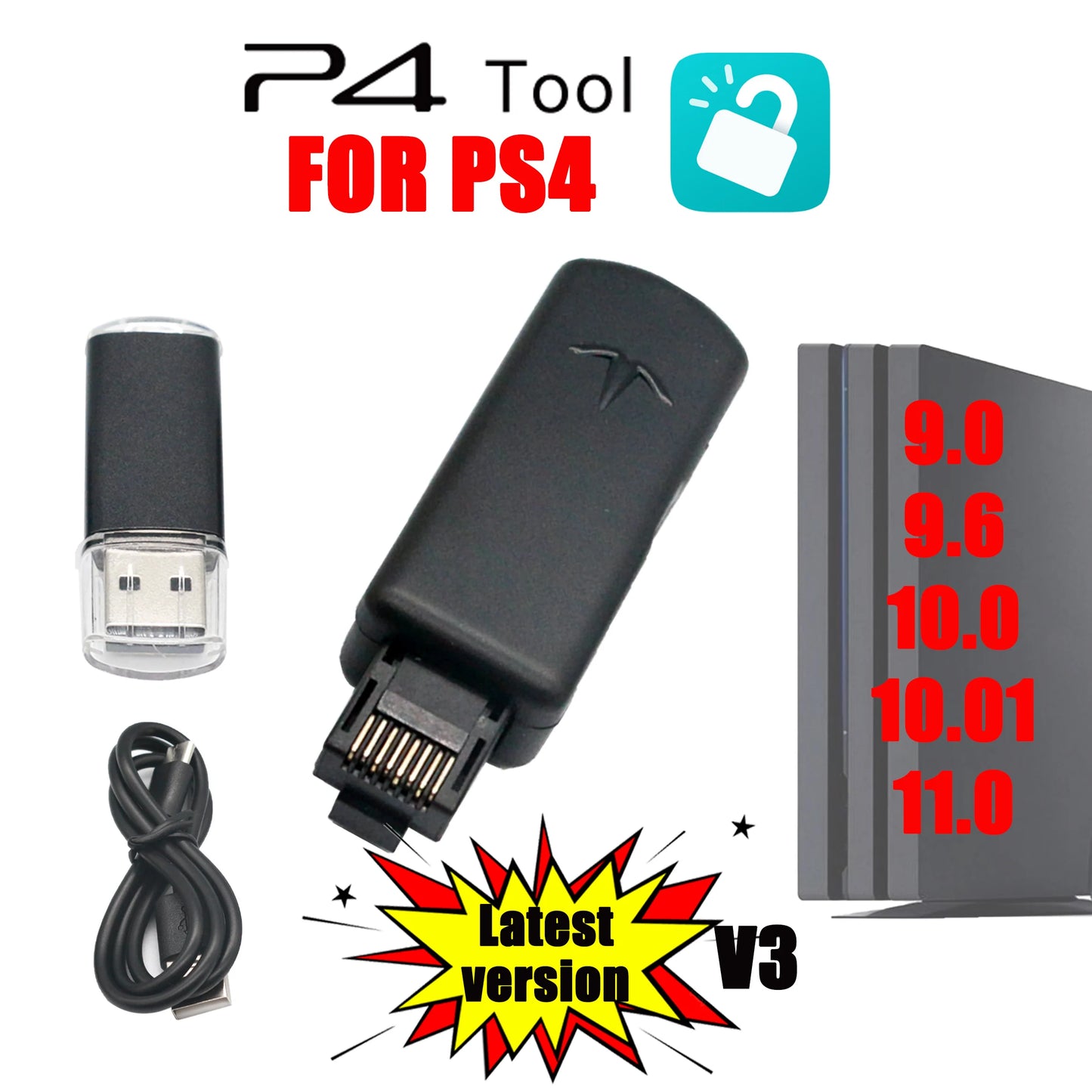 One-Key JB Tool Mod Set – USB Dongle with Ethernet & Type-C Cable Kit, JB USB Adapter for PS4/PS4 Pro/PS4 Slim FW 9.0-11.0 System