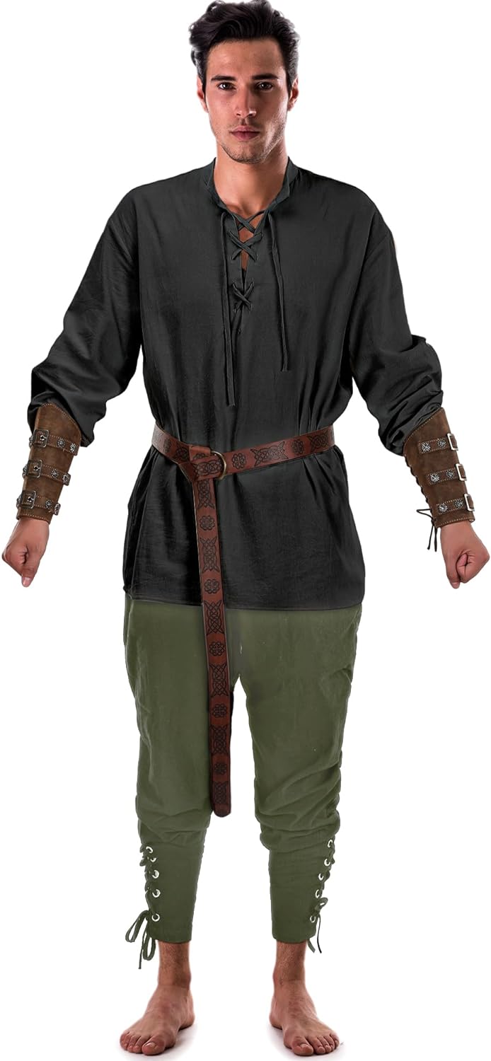 Jiuguva 4-Pcs Halloween Men's Renaissance Costume Set – Medieval Pirate Shirt, Ankle Banded Pants & Viking Belt Accessories