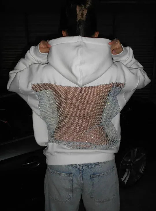Women's Lace Splice Hoodie - Sexy See-Through Backless Fleece Pullover for Autumn & Winter Streetwear Fashion