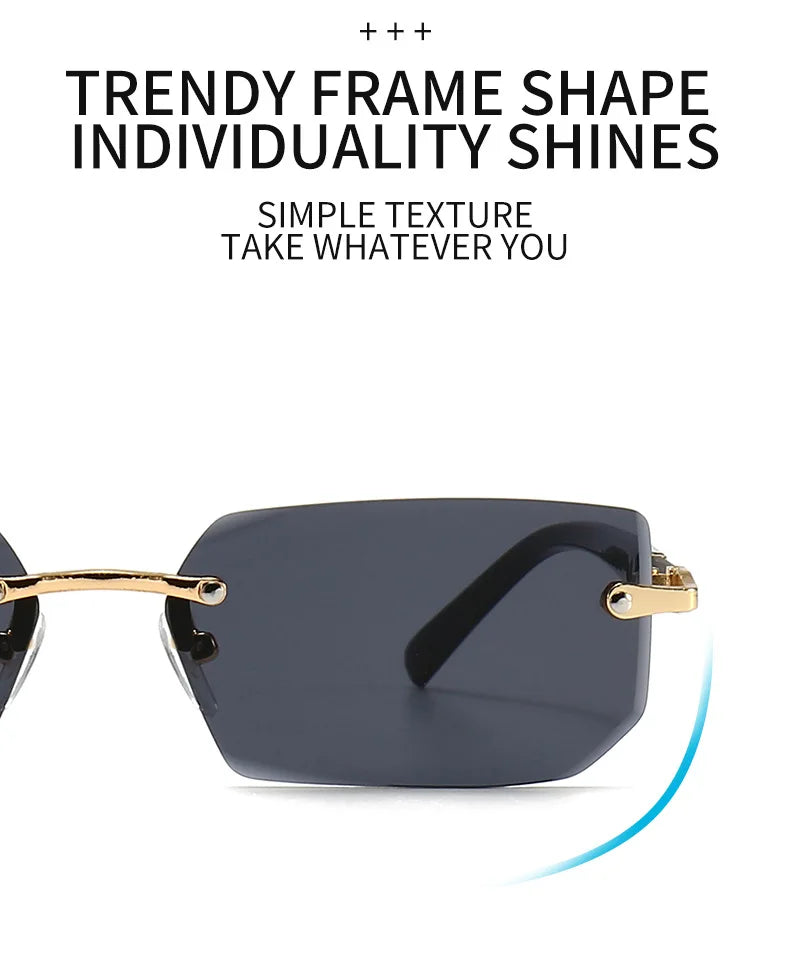 Rimless Rectangle Sunglasses — Fashion Small Square Shades for Men & Women, Summer Travel Eyewear