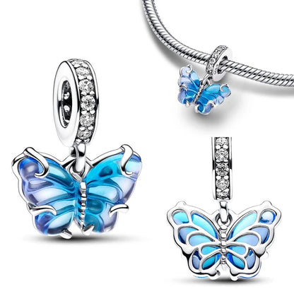 925 Silver Butterfly Dangle Charm – Blue & Yellow Glass for 3mm Original Bracelet, DIY Jewelry Gift