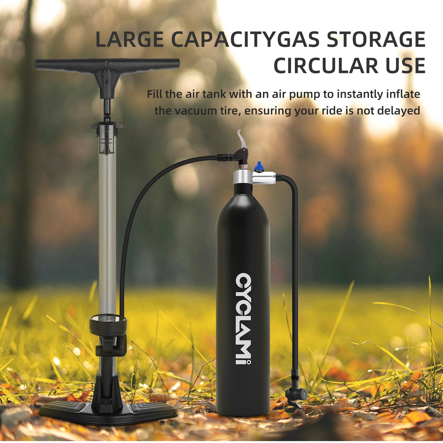 CYCLAMI 1.2L Aluminum Alloy MTB Road Tire Inflator – Valve Gas Cylinder for Tubeless 29" Bike Tires