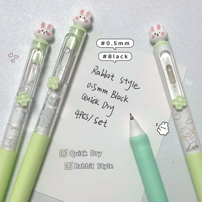 4-Piece Rabbit Gel Pen Set - 0.5mm Quick-Dry Black Ink Pens with Transparent Storage Bag for School and Office Supplies