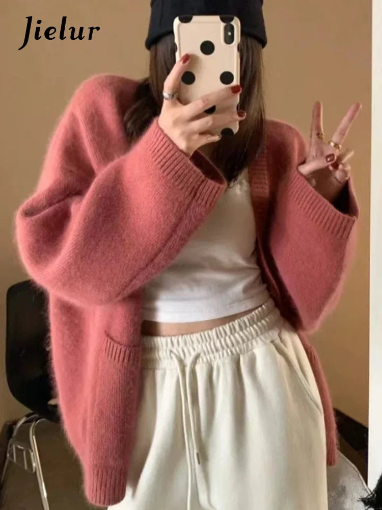 Korean Black V-Neck Knitted Cardigan – Single-Breasted Long Sleeve Loose Casual Women’s Sweater