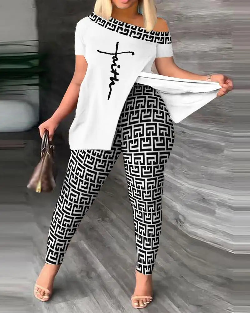 Elegant Women’s Two-Piece Set – Printed Ruffle Sleeve Top & Solid Color Pants with Belt