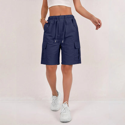 Women’s High-Waisted Cargo Shorts - Loose Straight-Leg Drawstring Sports Shorts with Multiple Pockets