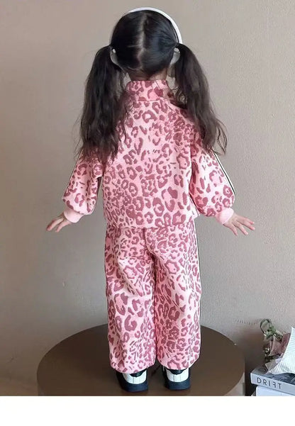 Girls' Spring Sportswear Set – Stylish Leopard Pattern Top & Pants Two-Piece Outfit for Children