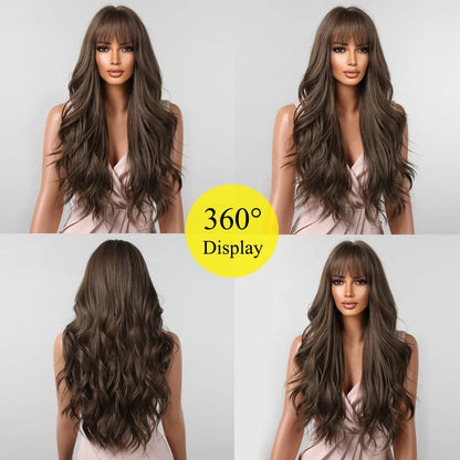 Brown Long Wavy Wig for Women with Bangs — Natural-Look Synthetic Hair, Heat-Resistant for Daily & Cosplay