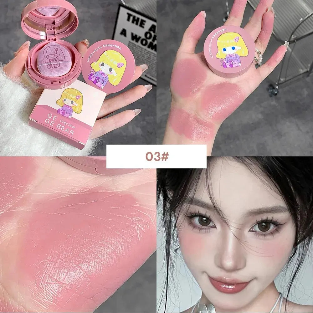 Gege Bear Cushion Blush with Powder Puff – Long-Lasting Blendable Cream Blusher Makeup