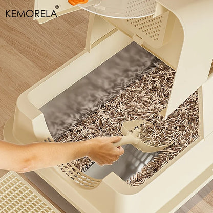KEMORELA XL Stainless Steel Cat Litter Box – Extra Large Enclosed Litter Box with High Sides & Removable Scoop for Big Cats